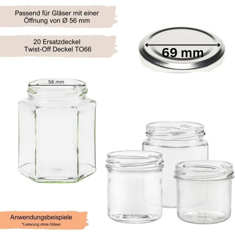 mikken 20 Lids, TO 66/6.9 cm for Jars, Twist-Off Replacement