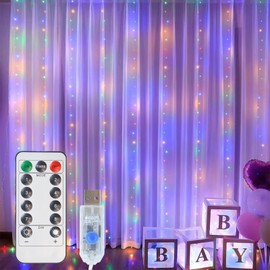Melofo Curtain Fairy String Lights 3m×3m 300LEDs Curtain Lights USB Powered 8 Modes Indoor Outdoor Lights with Remote Control Lights Gifts for Xmas Wedding Party Bedroom Garden Decorations(Colored)