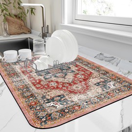 FTJHKUY Dish Drying Mat Persian Style Textile Rug Texture Dish Drying Pad,12"X19"Bsorbent Coffee Mat for Sink Dishes or Under Rack Kitchen Counter Accessories Absorbent Hide Stain Drying Mat