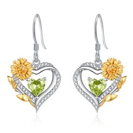 AENEAS Valentines Day Gifts for Women Sunflower August Birthstone Earrings for Women Sterling Silver Periot Sunflower Heart Dangle Drop Earrings Jewelry Anniversary Birthday Gift for Wife Mom Her