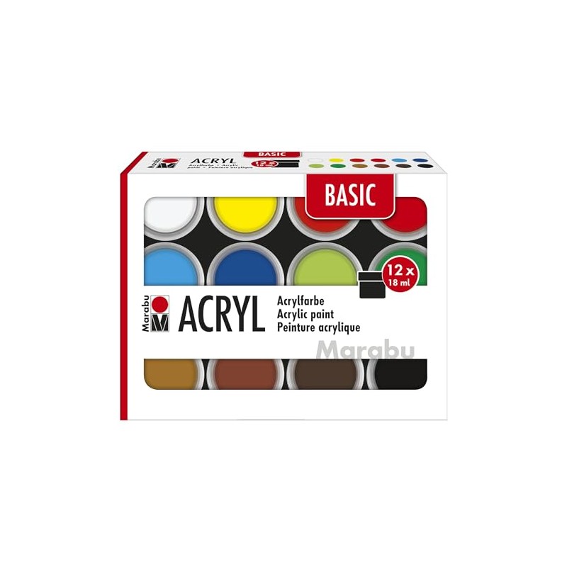 Marabu Basic Acrylic Paint Set, 12 x 18 ml, Semi-Matt