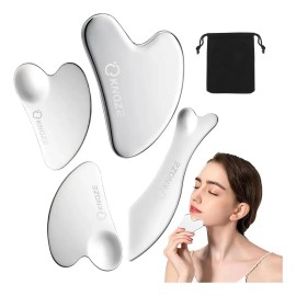 Kit de 4 Gua Sha Facial de Acero Inoxidable Para Masaje y Drenaje Linfático Con Bolsa