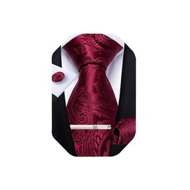 DiBanGu Extra Long Red Ties for Men Big and Tall,Silk Woven Burgundy Paisley Necktie & Pocket Square Cufflinks Set Wedding Party