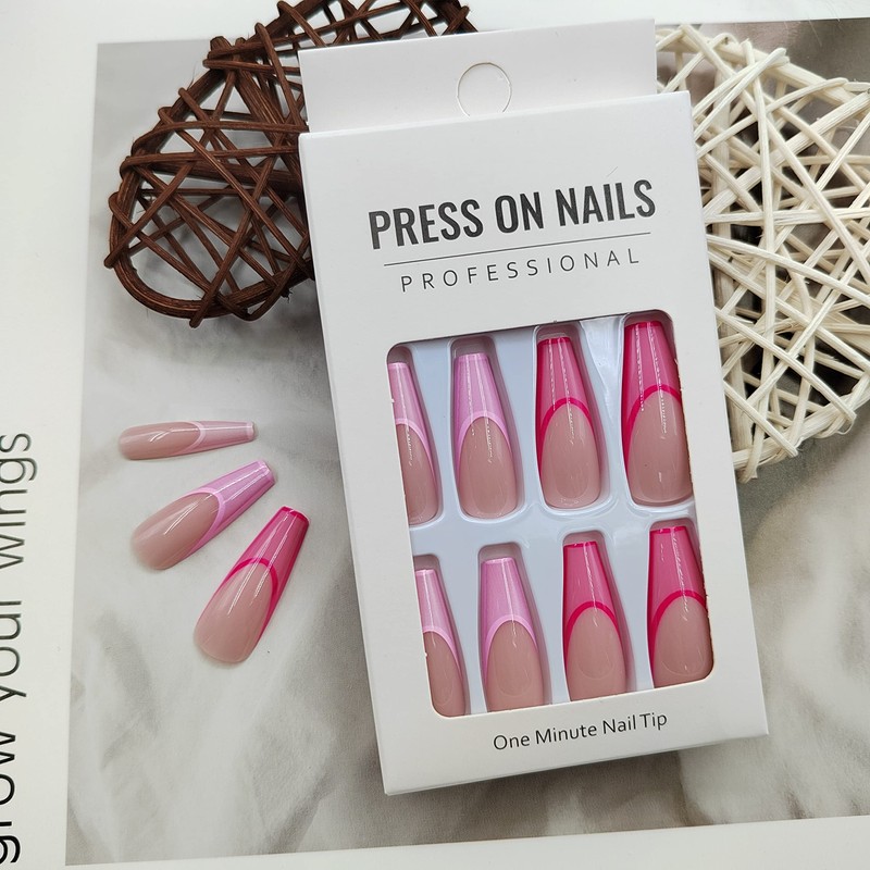Pink French Tip Press on Nails Extra Long Coffin Fake