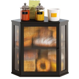 Vriccc Corner Bread Box, Large Bamboo Bread Box for Kitchen Countertop, 2 Tier Wooden Bread Storage, Black