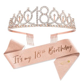 Topfunyy 18th Birthday Tiara and Sash Set - 18 & It's my 18th Birthday Rose Gold Sash Crystal Crown Birthday Gift for Girls 18th Birthday Party Supplies