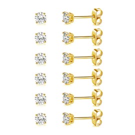 18K Yellow Gold Plated 3.0 mm Round Clear Cubic Zirconia Stud Earring Pack of 6 Pairs