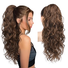 REECHO Ponytail Extension, 24" Claw Clip Ponytail Extension Wavy Ponytails Hair Extensions Jaw Clip on Pony Tails Natural Synthetic Hairpiece for Women Daily, Medium Chocolate Brown