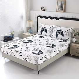 SDIII 3PCS Dark Blue and White Gamer Sheets Twin, 1 Fitted Sheet and 2 Pillowcases, Bed in a Bag Gaming Bedding Sheet, Cute Bed Sheets for Kids Boys and Girls