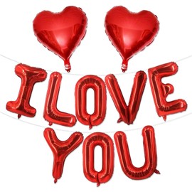 Valentines Day Balloons Decorations Red 10 Pcs 16 Inch - "I Love You" Letter + Heart Balloons with Tape Straws Ribbon for Romantic Party Proposal Wedding Bedroom Valentines Day Decor