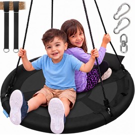 SereneLife Saucer Swing with Tree Hang Kit, 40” Outdoor Tree Swing, 2 Adjustable Hanging Rope Straps and Center Swivel Spinner for Kids (Black)