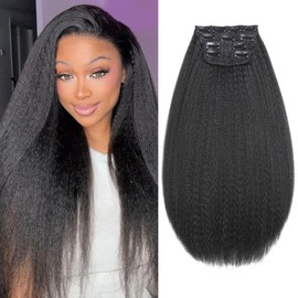 Kinky Straight Clip in Hair Extensions for Black Women Full Head Yaki Straight Clip Ins Synthetic Hair Extensions 16Inch 4pcs/set Natural Black 16 Inch（140 Gram/with 11 Clips ）