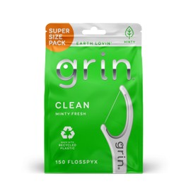 Grin GRIN Clean Flosspyx, Floss Picks, 150 Count, Dental Flossers, Minty Flavor, Recycled Plastic, Super Strong Fine Floss, Tight Teeth, Premium Longer Floss Head, Includes Safe Fold-Back Tooth Pick