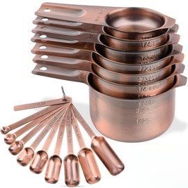 zoyizi Copper Measuring Cups and Spoons Set 17, 7 Stainless Steel Measuring Cups&9 Long Hanlde Narrow Measuring Spoons for Spice Jar&Leveler, Kitchen Metric&US Measuring Cups Spoons for Dry and Liquid