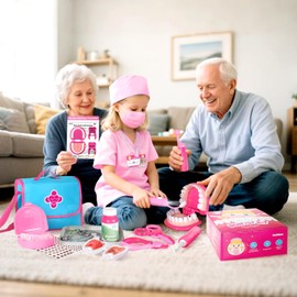 ULOVEME Pink Doctor Kit for Toddlers 3-5 with Costume - Dentist Kit for Kids with Teeth Model /Removable Teeth /Braces /Retainer - Toys for 4 Year Old Girls - Preschool Dramatic Play (Pink)