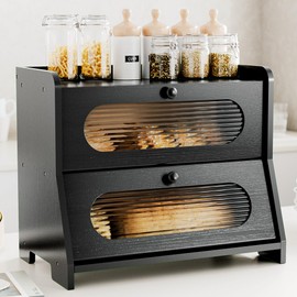 Stylstoreazy Bread Box,Extra Large 2-Tier Bamboo Bread Box for Kitchen Countertop,Bread Storage Container with Magnetic Acrylic Door for Homemade Bread,Under Cabinet,Pantry Organizer(Black)