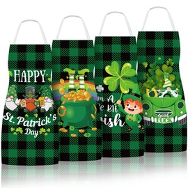 Whaline St. Patrick's Day Aprons 4 Pack Green Black Plaid Chef Cooking Aprons Shamrock Gnome Clover Adjustable Washable Aprons Irish Holiday Collection Kitchen for Dinner Baking BBQ Grilling Supplies