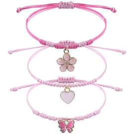 SULIUDAJI Pack of 3 Girls' Friendship Bracelets, Adjustable Braided Bracelet, Flowers, Love, Butterfly Bracelet for Girls, Gifts and Children, Party Bags, Children's Birthday Party, Pink