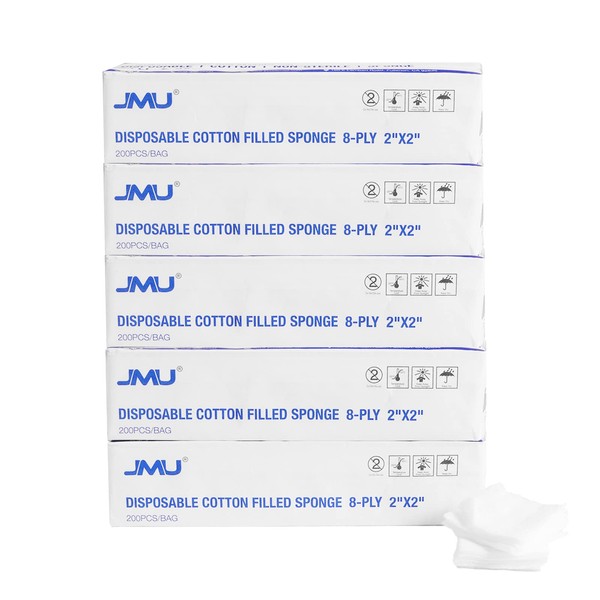 1000pcs Cotton Gauze Pads 2x2, JMU 8-ply Woven Gauze Sponges, Cotton Filled Gauze Pads, Non-Sterile Surgical Sponges, Nonstick Dental Gauze Pads