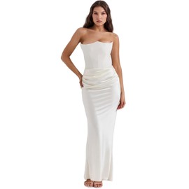 ANKOMINA Women's Elegant Strapless Corset Satin Dress Sexy Backless Pleated Stitching Dresses for Wedding Party White
