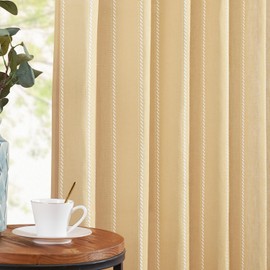 TOPICK Curtains in Yellow for Living Room Bedroom Kitchen Linen Striped Curtains Striped Curtains with Drawstring Country House Style Modern Semi-Transparent Curtains Set of 2 140 W x 145 H cm