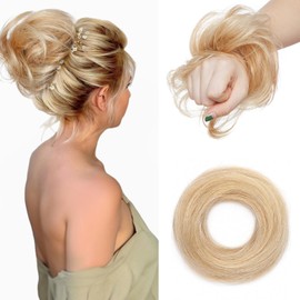 Benehair Messy Hair Scrunchies Straight Elastic Easy Hair Chignons Updo Ponytail Extensions Donut for Women Girls #18/613 Ash Blonde Mix Bleach Blonde 17g