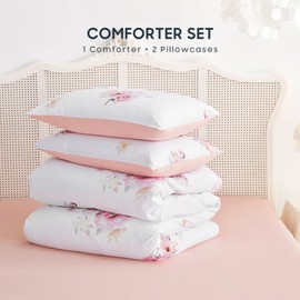 Wake In Cloud - Shabby Chic Comforter Set, Floral Farmhouse Cottagecore Vintage Colorful Pastel Spring Flowers, Soft Lightweight Bedding for Women Girls, 3 Pieces, White Pink, Twin/Twin XL Size