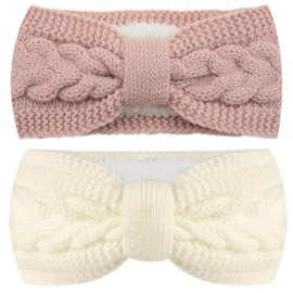Pack of 2 Women's Knitted Headband, Thick Headband, Women's Hair Band, Ear Warmers, Elastic, Winter Headband, Hair Band, Elastic Headband, Ear Warmer for Girls (Pink, White)