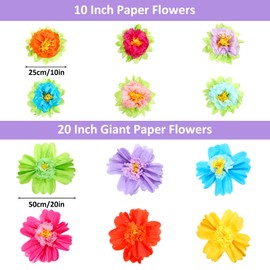 12Pcs Mexican Paper Flowers Colorful Fiesta Tissue Paper Flowers For Wall Decorations 20" 10'' Crepe Papers Giant Giant Flower For Carnival Party Backdrop Wedding Birthday Baby Shower Craft Outdoor
