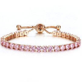 Treasure Bay Crystal Adjustable Tennis Bracelet For Women | 14K Gold Plated Cubic Zirconia Classic Tennis Bracelet for Girls (Pink - Rose Gold Plated)