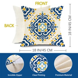 Fjfz Boho Mandala Flower Decorative Throw Pillow Covers 18 x 18 Set of 4, Blue Yellow Geometric Floral Porch Outdoor Home Decor, Mediterranean Moroccan Abstract Aesthetic Art Couch Cushion Case