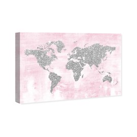The Oliver Gal Artist Co. Maps Wall Art Canvas Prints 'Pink and Silver Glitter Map'