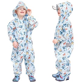 Toddler Rain Suit Baby Rain Suit Kids Rain Suits with Hood Waterproof Coverall One Piece Rain Suit for Kids(1-9 Years) Light Blue