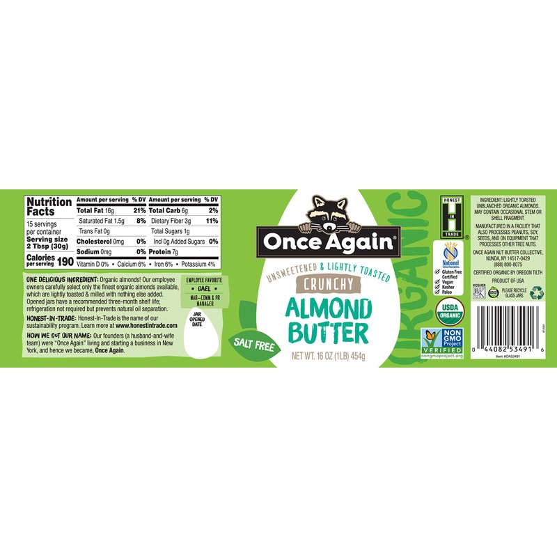 Once Again Organic Crunchy Almond Butter, 16oz - Lightly Toasted
