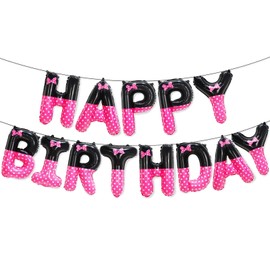 YIIHMEI Cartoon Mouse Happy Birthday Banner,Party Decorations Balloons with Pink and Black Letters Signs Party Backdrop Supplies for Girl Baby Shower