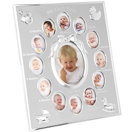 Silver Colour 'My First Year' Baby Multi-Photo Frame holds 13 Photos - My First Year Baby Beautiful Multi-Photo Picture Frame - 13 Photos Frame Perfect First Birthday Accessories for Baby's Birthday