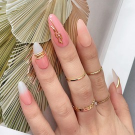 GCSQW Press On Nails Almond - Medium False Nails with Pink Gradient Design, Salon Quality Glossy Fake Nails with Jelly Glue, 24 Pcs Reusable Stick on Nails for Coquette Women Girls