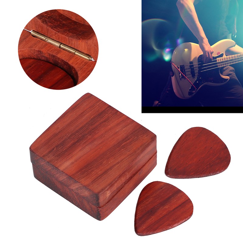Guitar Pick Wooden Box with 2Pcs Red Rosewood Picks Musical