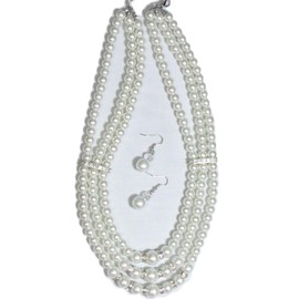 V G S Eternity Fashions Fashion Jewelry ~ Cream Faux Pearls with Rhinestones 3 Strands Necklace Earrings Set Casual Formal for Women