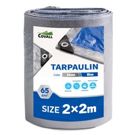 Covall Tarpaulin Light-Duty Tarp Sheet Cover 2x2m Waterproof 65g/m² Silver&Blue Groundsheet with Reinforced Grommets Weatherproof Windproof UV-Resistant for Car Truck Rv House Tent Boat Pool