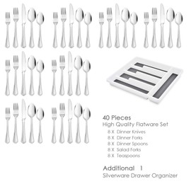 HaWare 40-Piece Silverware Set with Drawer Organizer Tray, Stainless Steel Flatware Cutlery Utensils, Timeless and Elegant Design for Home Hotel Wedding, Mirror Polished and Dishwasher Safe