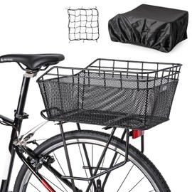 Rear Bike Basket - Large Bicycle Rear Basket with Cargo Net and Waterproof Cover, Wire Bike Baskets Rear Large Capacity (NO Bike Rack Include)