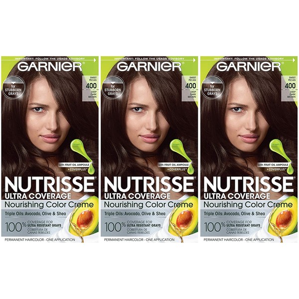 Garnier Hair Color Nutrisse Ultra Coverage Nourishing Hair Color Creme, Deep Dark Brown (Sweet Pecan) 400, 3 pack, Pack of 3