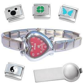 D'linQ Red Heart Italian Charm Watch Bracelet Plus Charm Tool & Enamel Charms