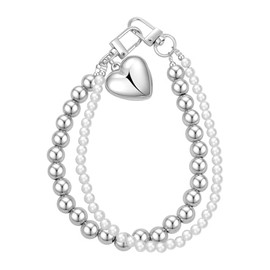PUCAPOCO Y2K Keychain Heart Layered Pearl Silver Bead Keychain Bag Charms Aesthetics Wristlet Bag Backpack Charms Accessories (Style 1)