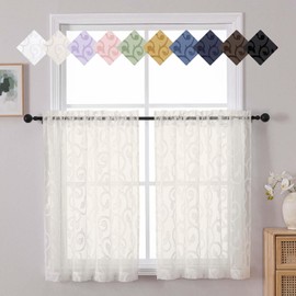 WelvetBLK Ivory Cafe Curtains 36 Inch Length Tier 2 Panels Set, Soft Solid Geometric Jacquard Clip Short Kitchen Light Filtering Curtains for Bathroom Basement Kitchen, Ivory, 2Pcs Each 42"Wx36"L Inch