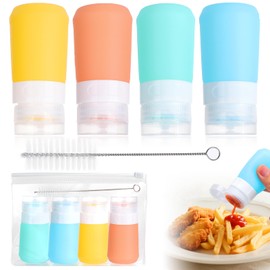 6 pcs Condiment Squeeze Bottles with Lids 2-oz Set, 4 Mini Silicone Salad Dressing Container to Go, Leakproof Ketchup Bottle, with Cleaning Brush, for Bento Lunch Box to School Work and Trip