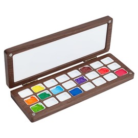 PH PandaHall Empty Watercolour, 24 Grids Washable Walnut Paint Bowl with Lid Travel Wooden Painting Box Watercolour Box Case for Painters Students Adults Studio Home Outdoor Camel
