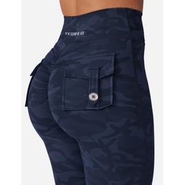 YEOREO CoreFlex Leggings with Pockets for Women Charm Scrunch Workout Leggings V Cross Waist Butt Lifting Gym Yoga Pants Navy Camo