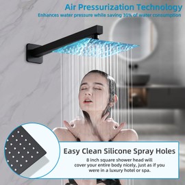 RTTWYYUU Matte Black Shower Faucet Set with Tub Spout 8 Inch, Shower Head and Handle with 2 Hooks, Tub and Shower Faucet Combo, Rain Shower and Handheld Shower System Square Wall Mount for Bathroom